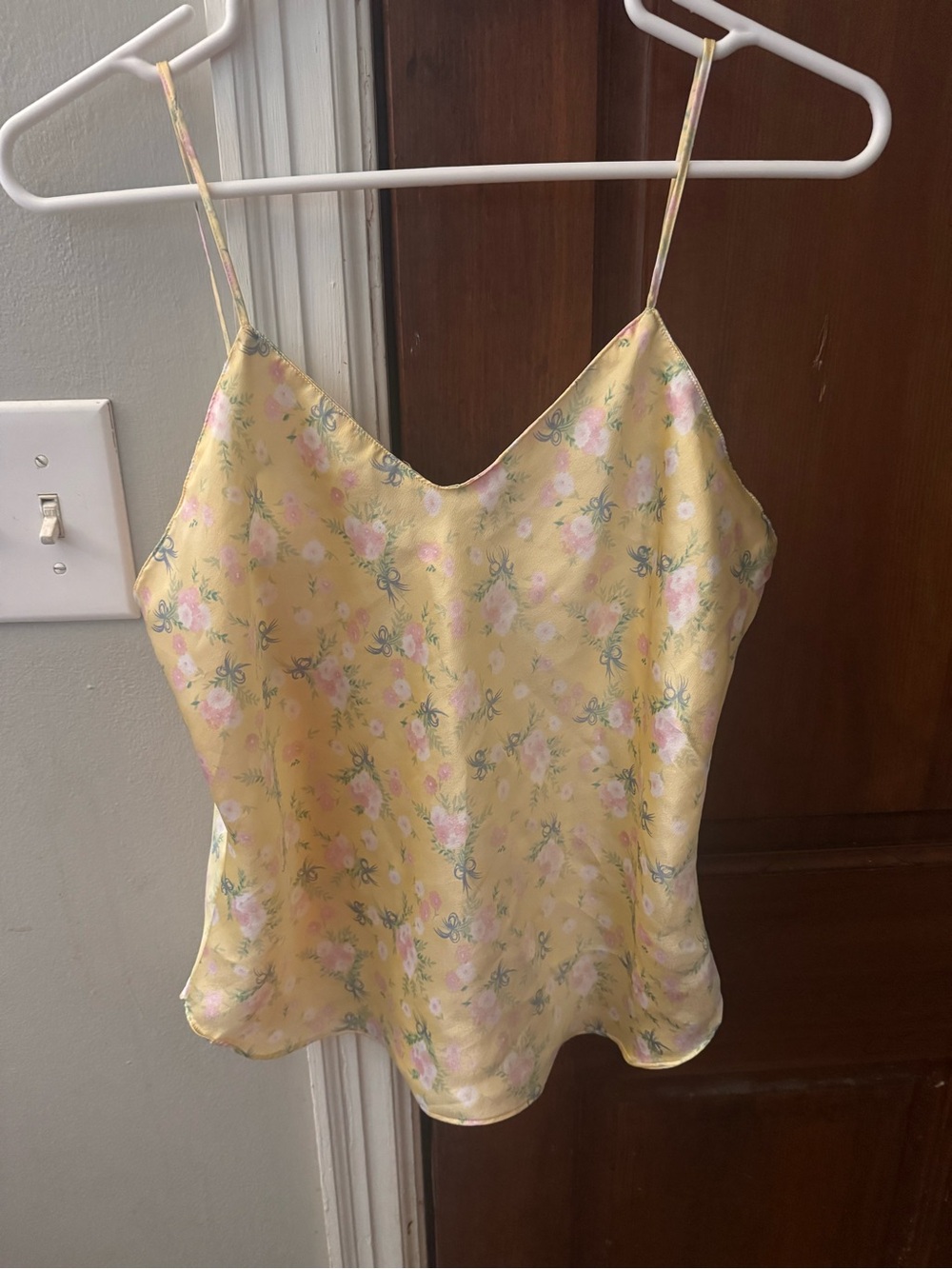 Y2K Yellow Floral Satin Cami Top - Sleeveless V-Neck